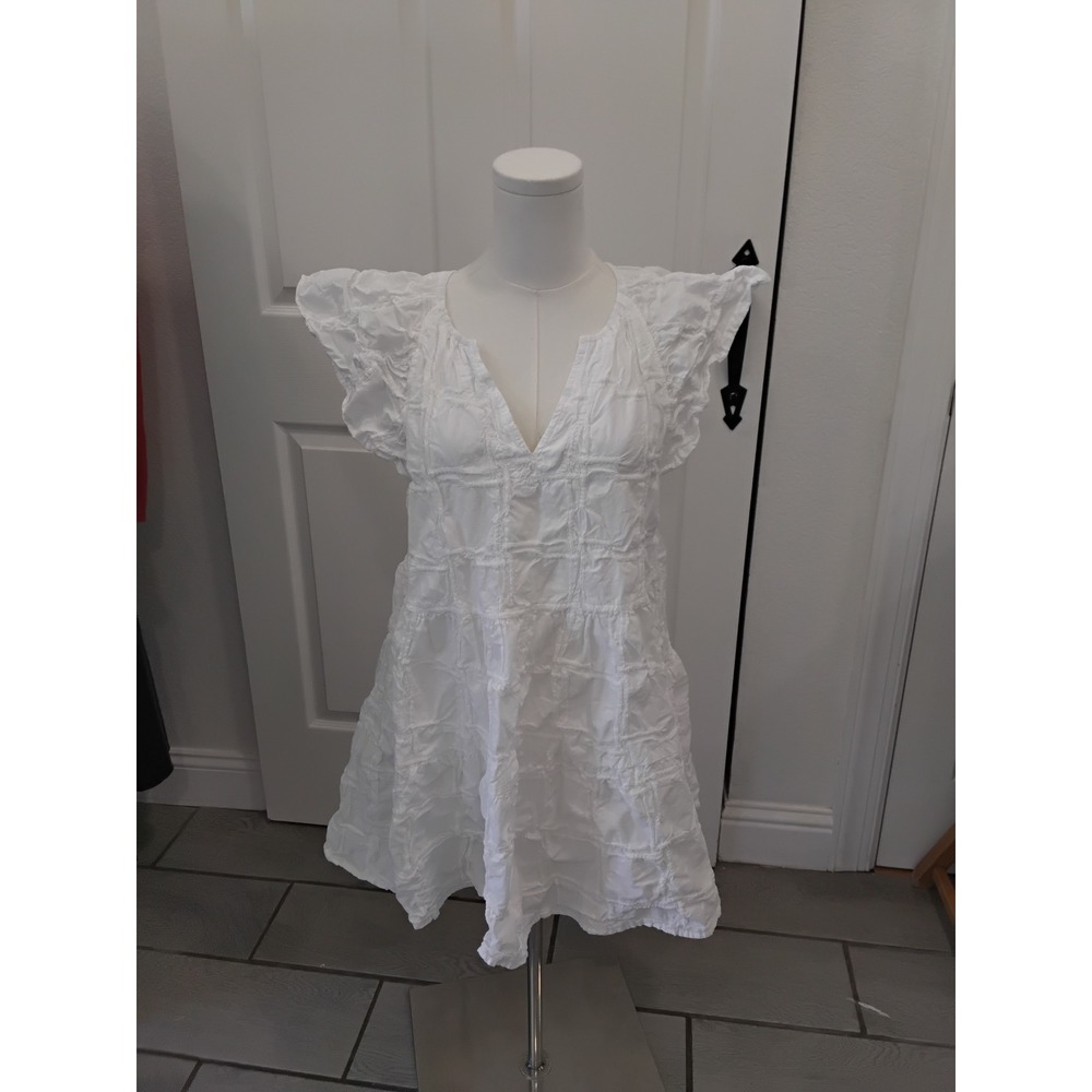 Storia White Textured Grid Mini Dress Flutter Sleeve V-Neck Tiered Summer Small
